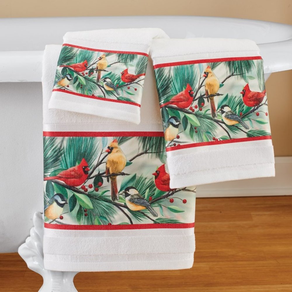 3-Piece Festive Cardinal Chickadee Bath Towel Set